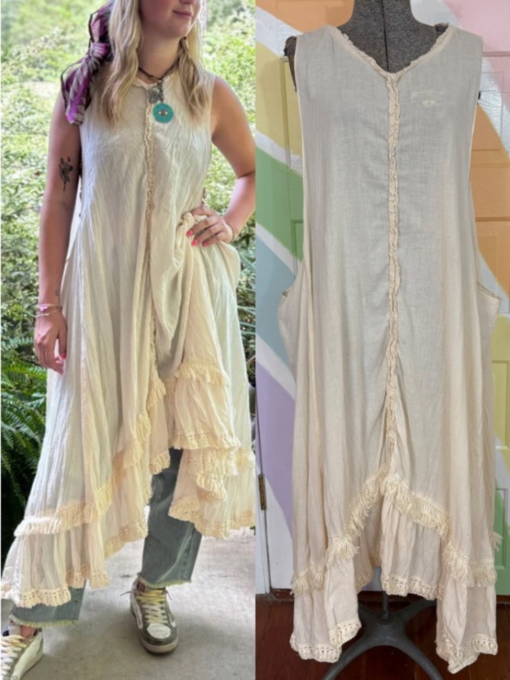 Jaded Gypsy 100% Cotton Bohemian Festival Layering Dress in Cream Sz OS 🧡🍄